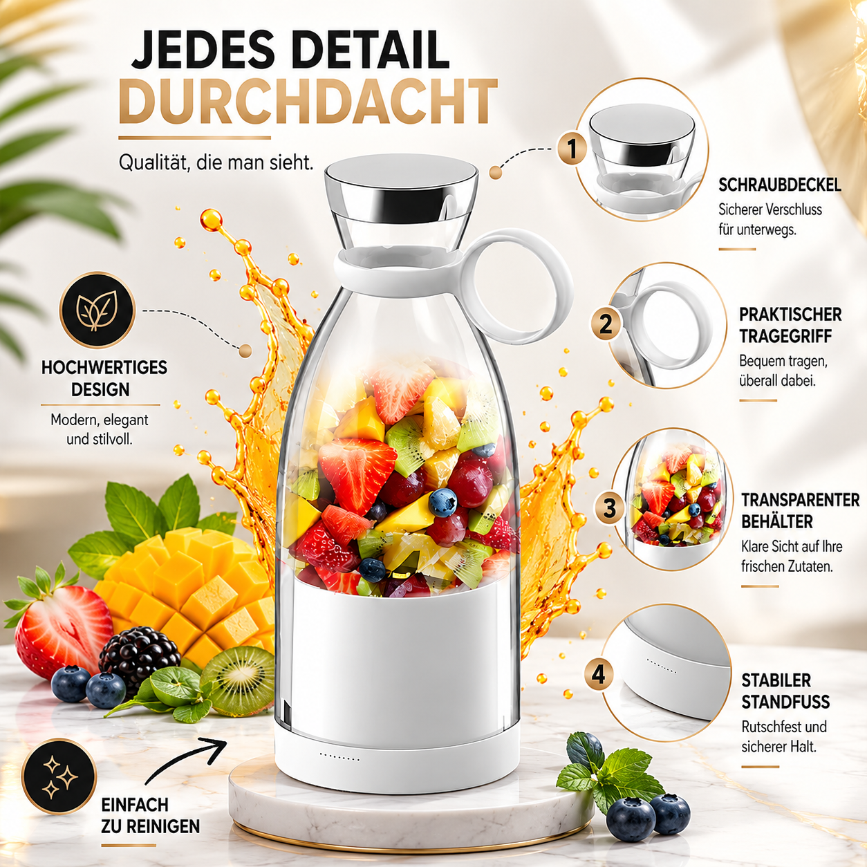 Diese hochwertige Trinkflasche überzeugt durch ein modernes Design und durchdachte Funktionen für den täglichen Gebrauch. Der transparente Fruchtbehälter bietet Platz für frische Zutaten wie Erdbeeren, Kiwi, Mango, Ananas und Beeren, sodass Wasser auf natürliche Weise aromatisiert werden kann.
