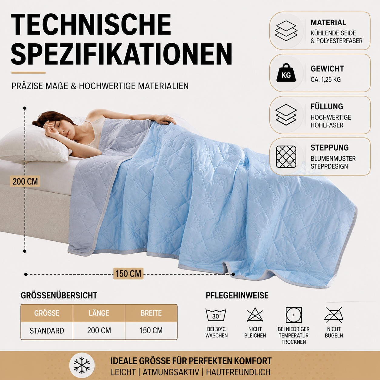 Kühlende Sommerdecke mit Übersicht der technischen Merkmale, Materialinformationen und Produktdetails.
