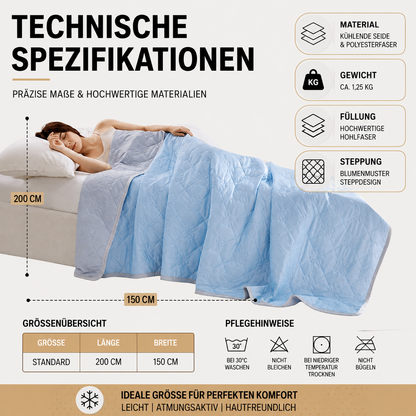 Kühlende Sommerdecke mit Übersicht der technischen Merkmale, Materialinformationen und Produktdetails.