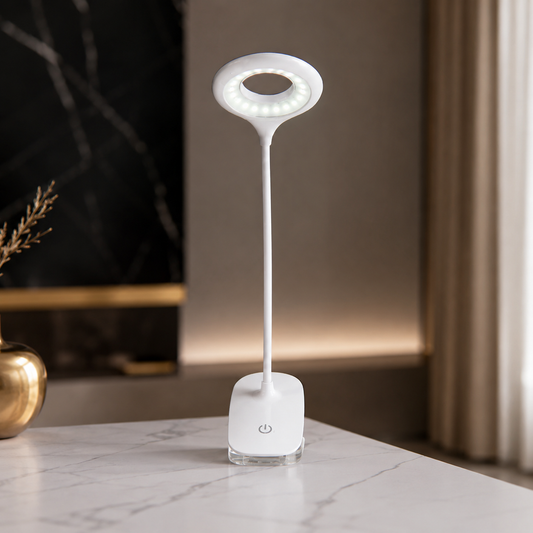 Moderne LED-Schreibtischlampe mit Touch-Steuerung, dimmbarem Ringlicht und wiederaufladbarem Akku – ideal zum Lesen, Arbeiten und Lernen.