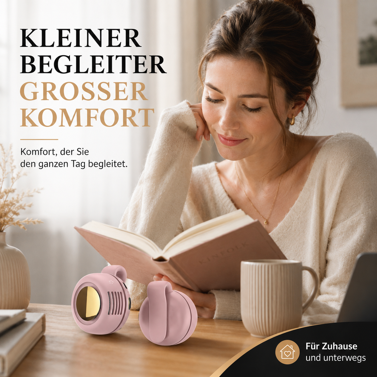 Mini-Nackenventilator sorgt für angenehme Kühlung beim Lesen und Entspannen