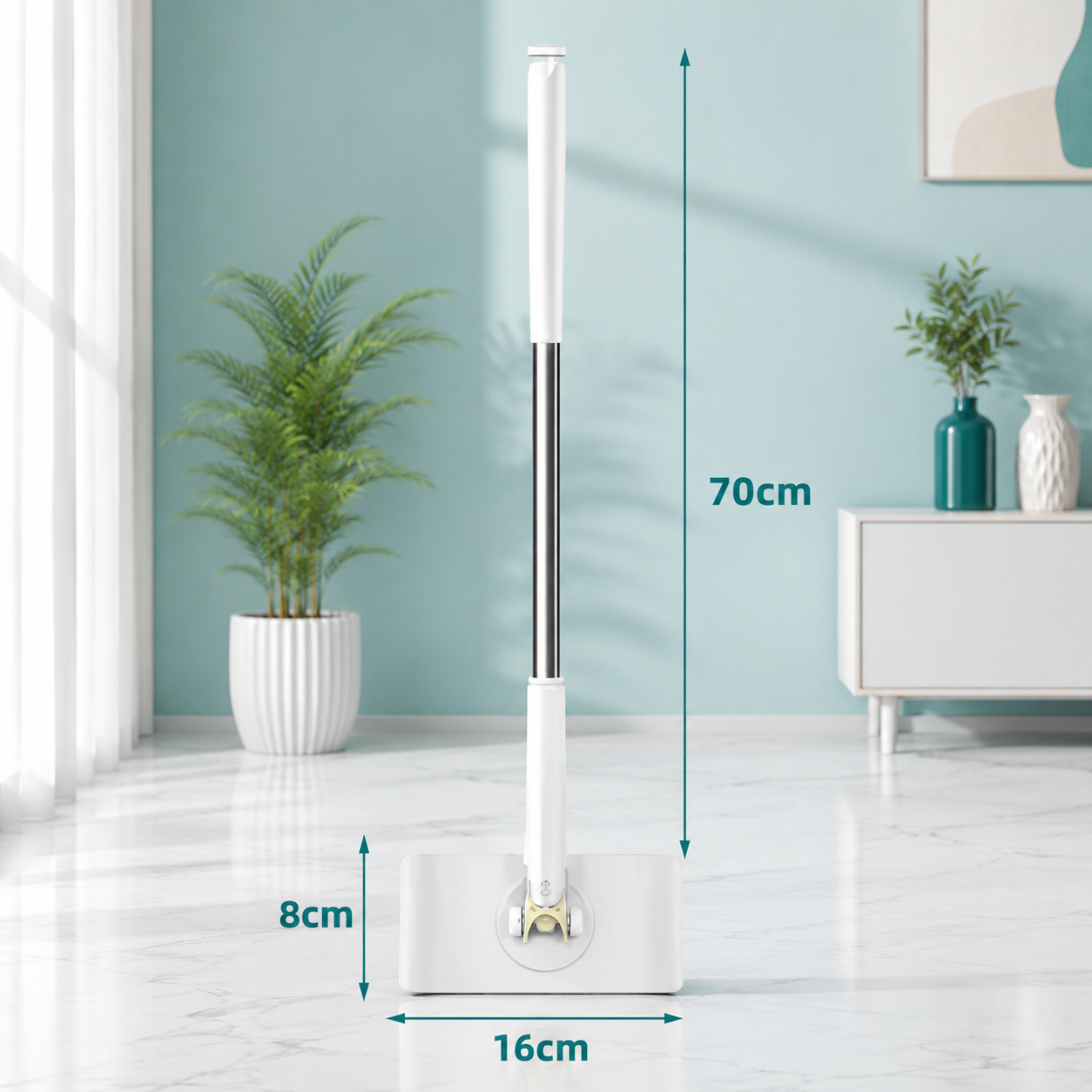 Mit einer Gesamthöhe von 70 cm eignet sich der Bodenwischer ideal für schnelle Reinigungsarbeiten. Die 16 cm breite Wischfläche und die flache Höhe von nur 8 cm ermöglichen eine gründliche Reinigung auch in schmalen Bereichen und unter Möbeln.