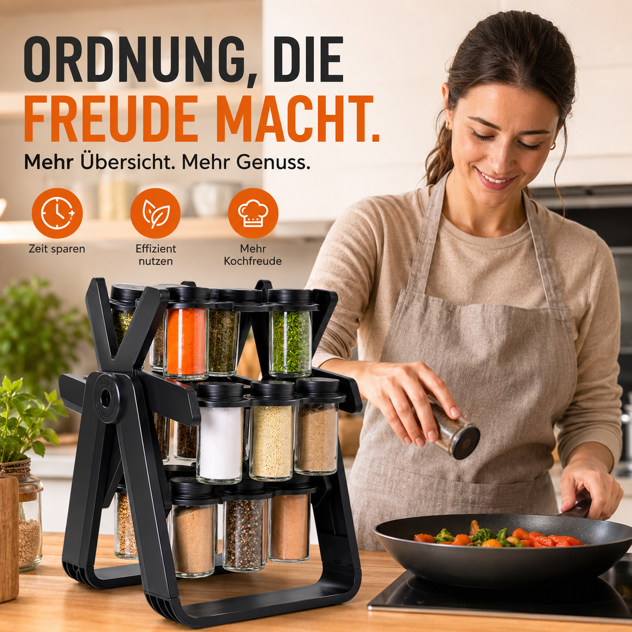 Drehbares Gewürzregal mit gefüllten Gewürzgläsern für schnellen Zugriff beim Kochen.