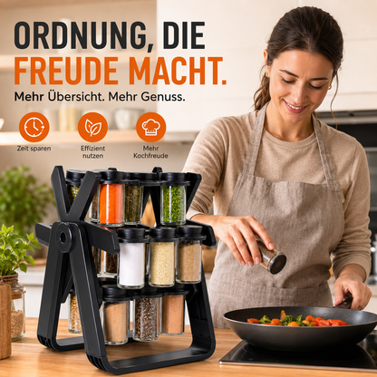 Drehbares Gewürzregal mit gefüllten Gewürzgläsern für schnellen Zugriff beim Kochen.