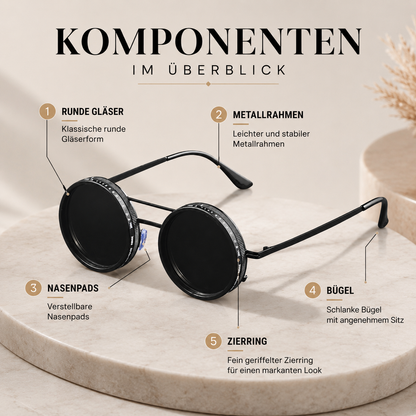 Übersicht der Komponenten der runden Retro-Sonnenbrille mit Metallbügeln und UV-Schutzgläsern