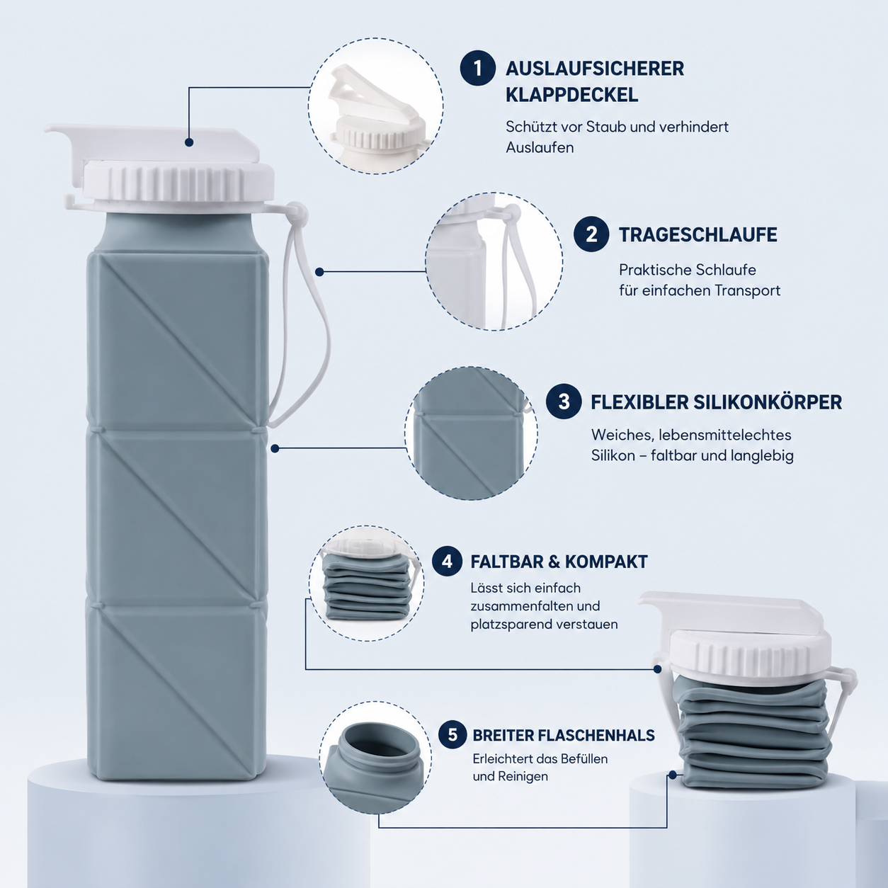 Übersicht der Bestandteile und Funktionen der faltbaren Silikon-Trinkflasche.