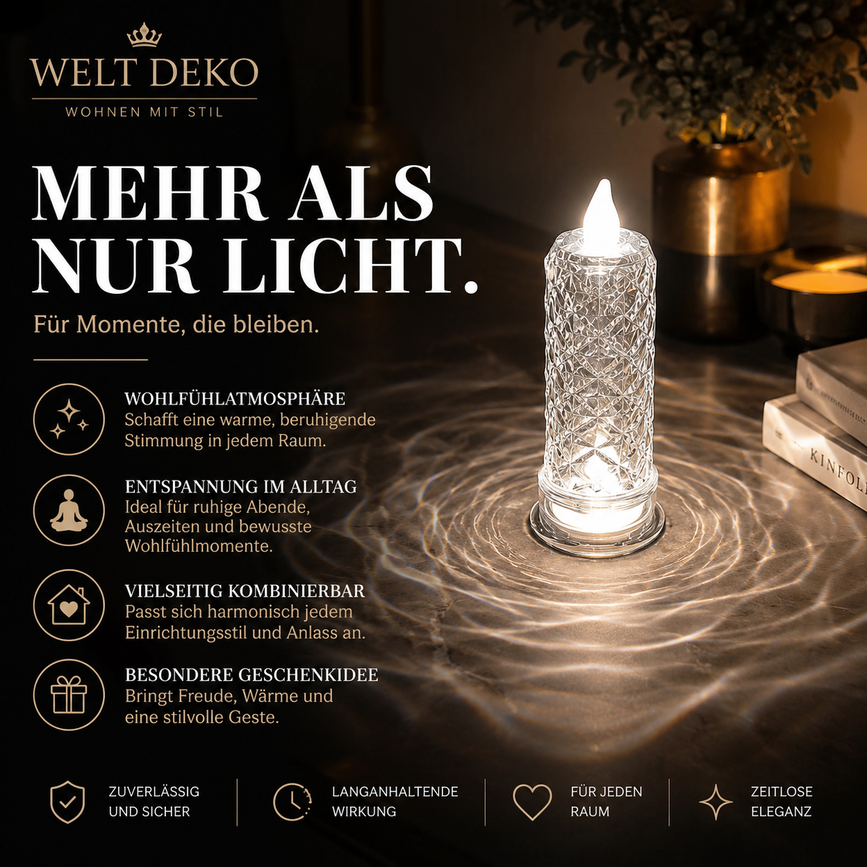 Stilvolle LED-Kerze mit edlem Kristall-Design für eine warme und gemütliche Atmosphäre. Perfekt als dekorativer Blickfang für Wohnzimmer, Schlafzimmer oder als besonderes Geschenk.