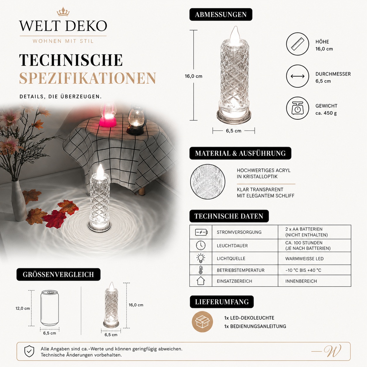 Dekorative LED-Kerze aus transparentem Kristallglas mit elegantem Schliff. Batteriebetrieben, energieeffizient und ideal für eine sichere, stimmungsvolle Beleuchtung in jedem Wohnbereich.