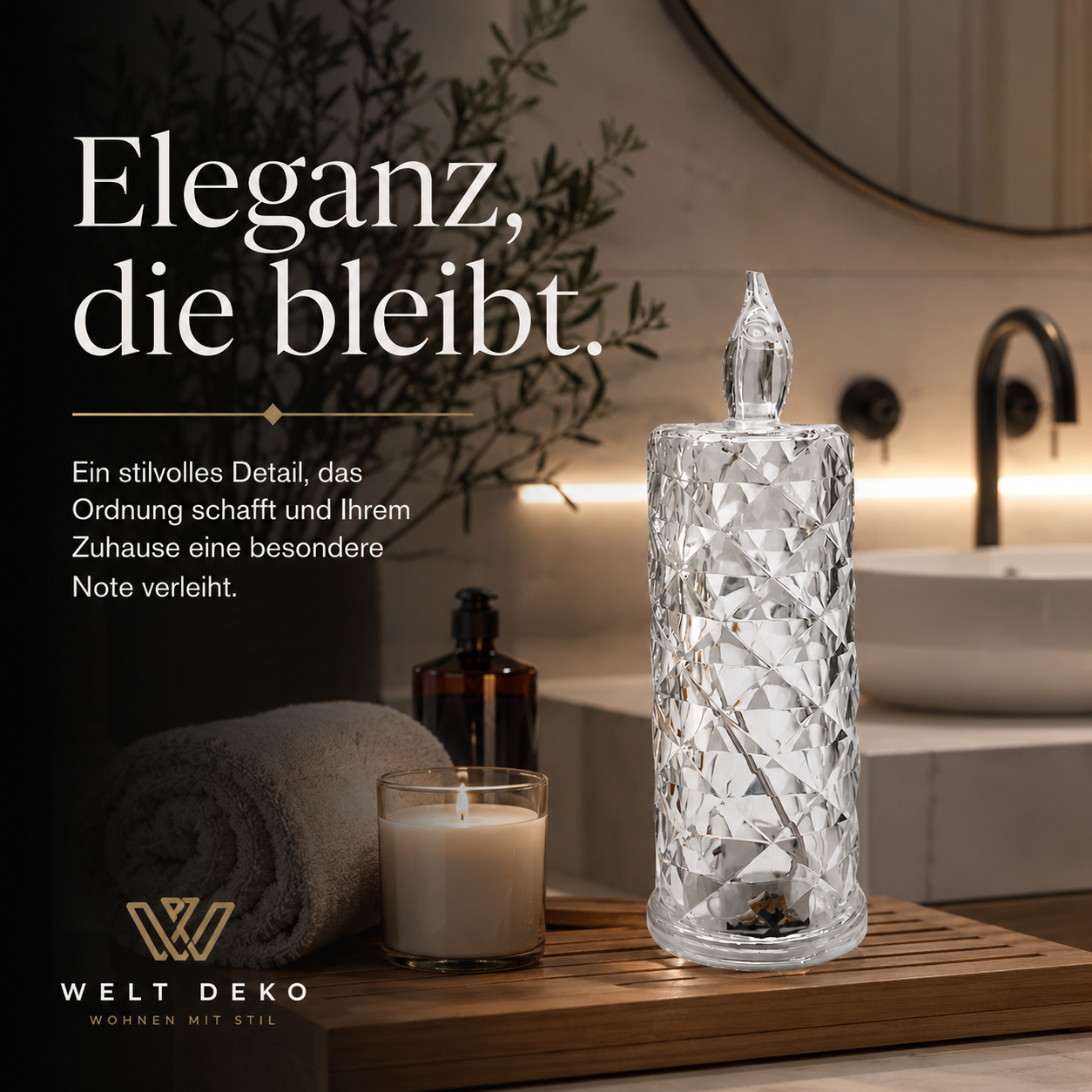 Edle Aufbewahrungsdose aus Kristallglas mit stilvollem Diamantschliff. Perfekt für Wattepads, Schmuck oder kleine Accessoires und eine elegante Ergänzung für jedes Badezimmer oder jeden Wohnraum.