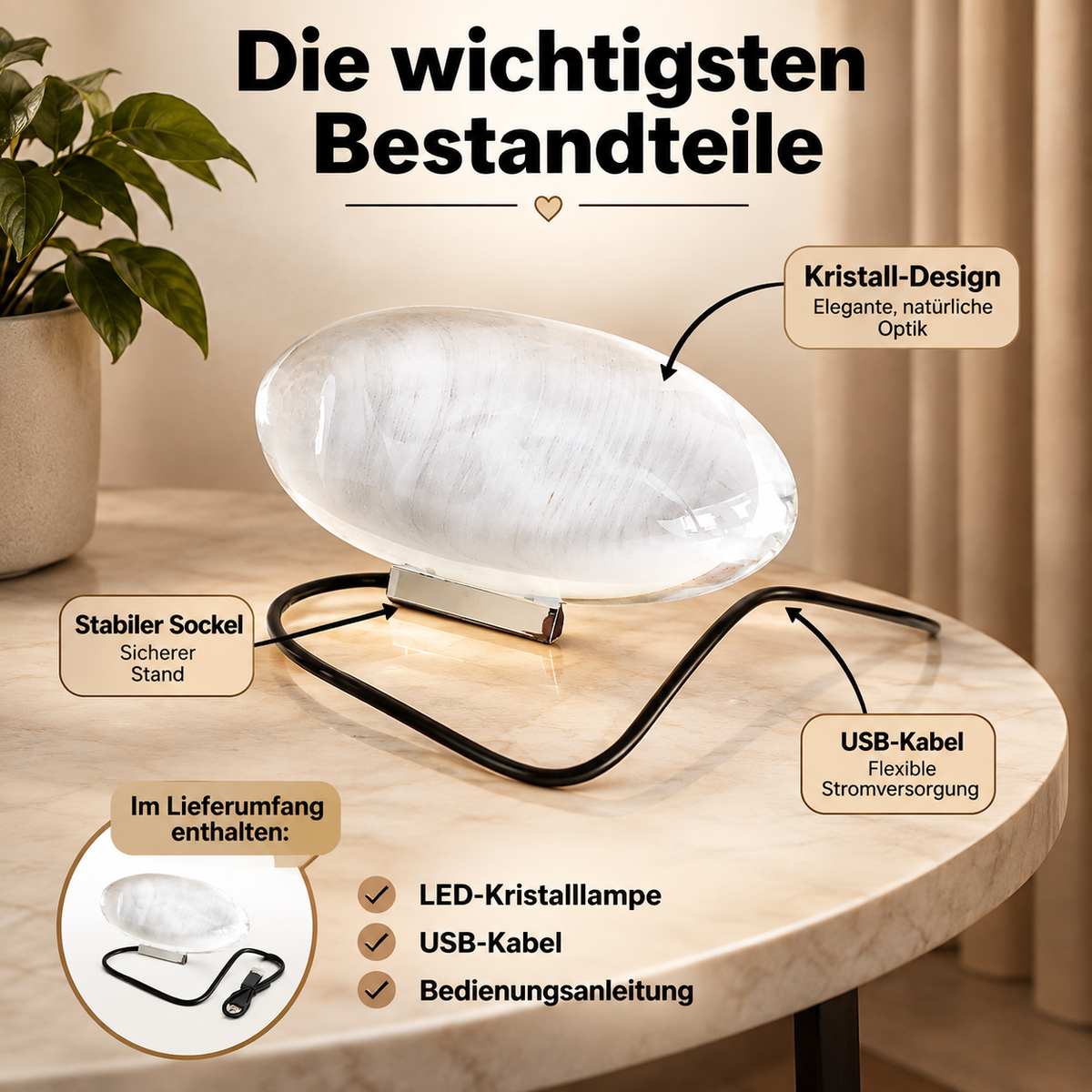 Kristallkörper, Metallständer und Stromkabel im Überblick.