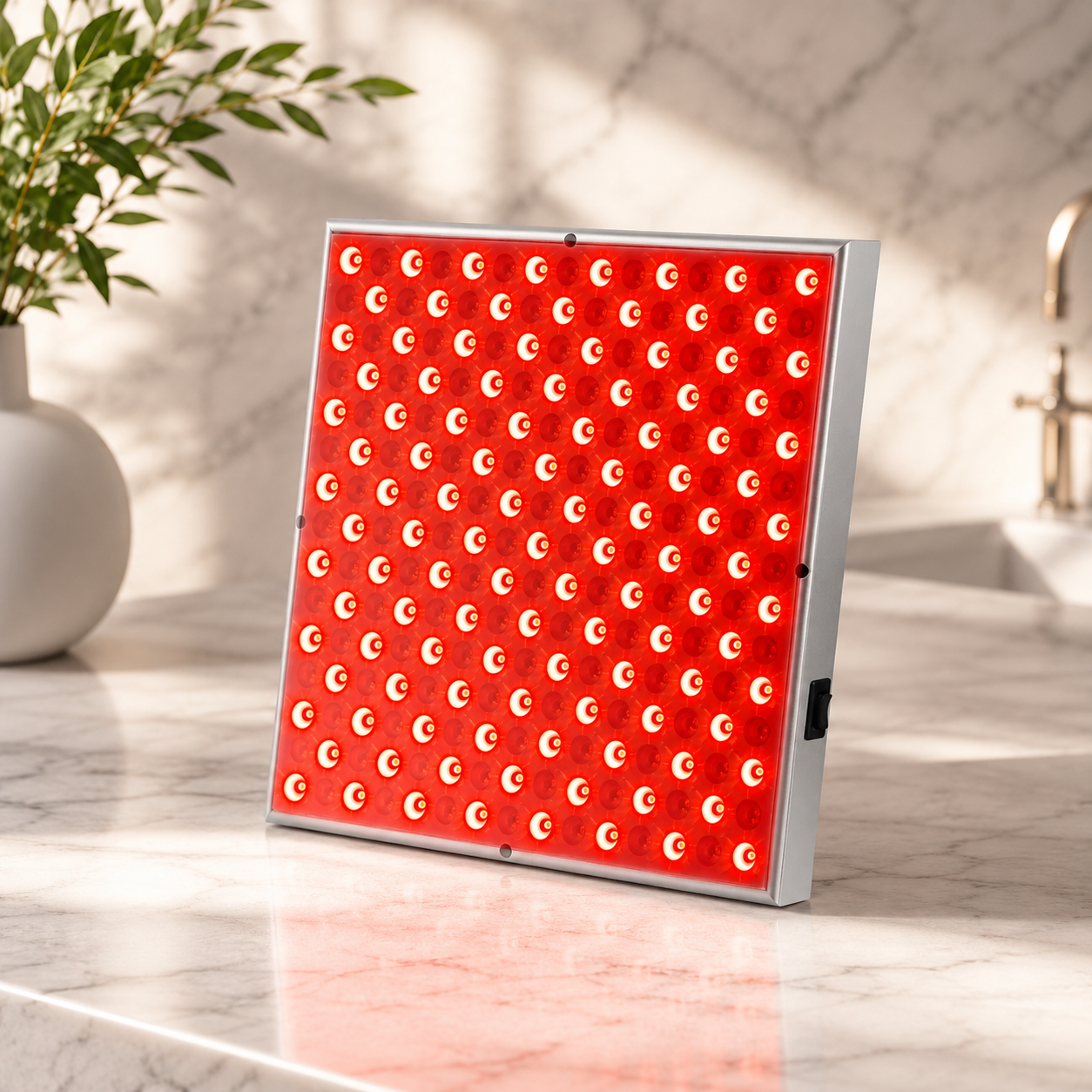 LED-Rotlichttherapie-Panel mit leistungsstarken LEDs auf einem Tisch im Innenbereich.