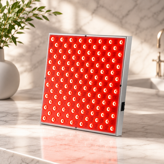 LED-Rotlichttherapie-Panel mit leistungsstarken LEDs auf einem Tisch im Innenbereich.
