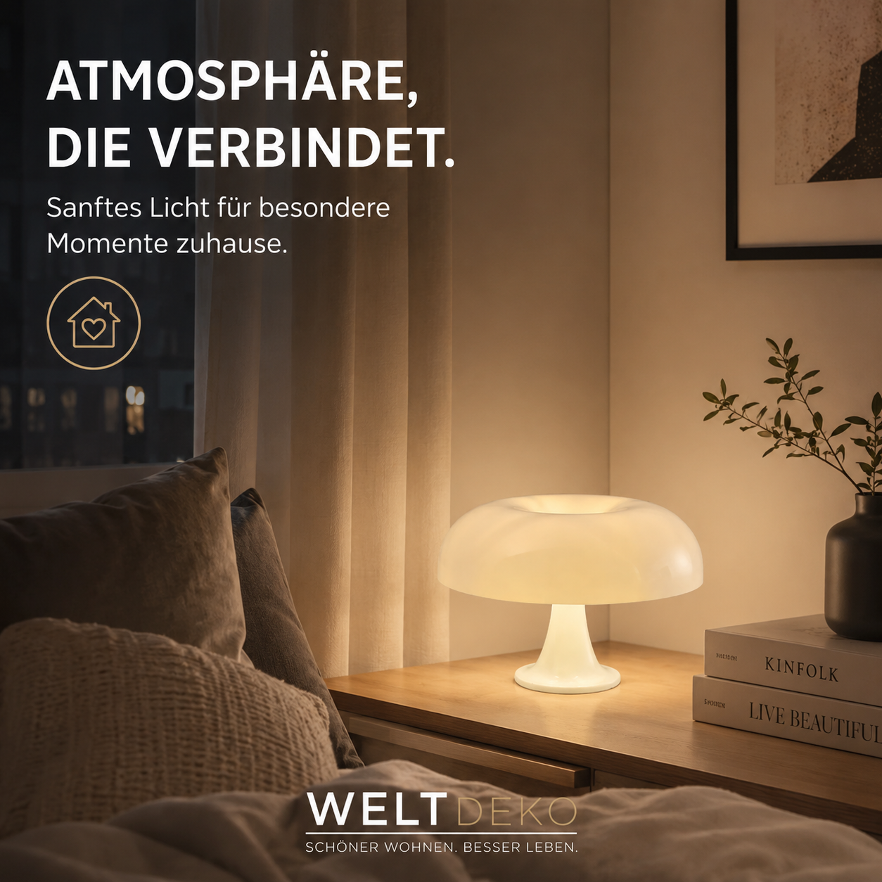 Elegante LED-Pilzlampe mit sanftem, warmweißem Licht. Sorgt für eine gemütliche Atmosphäre im Schlaf- oder Wohnzimmer.