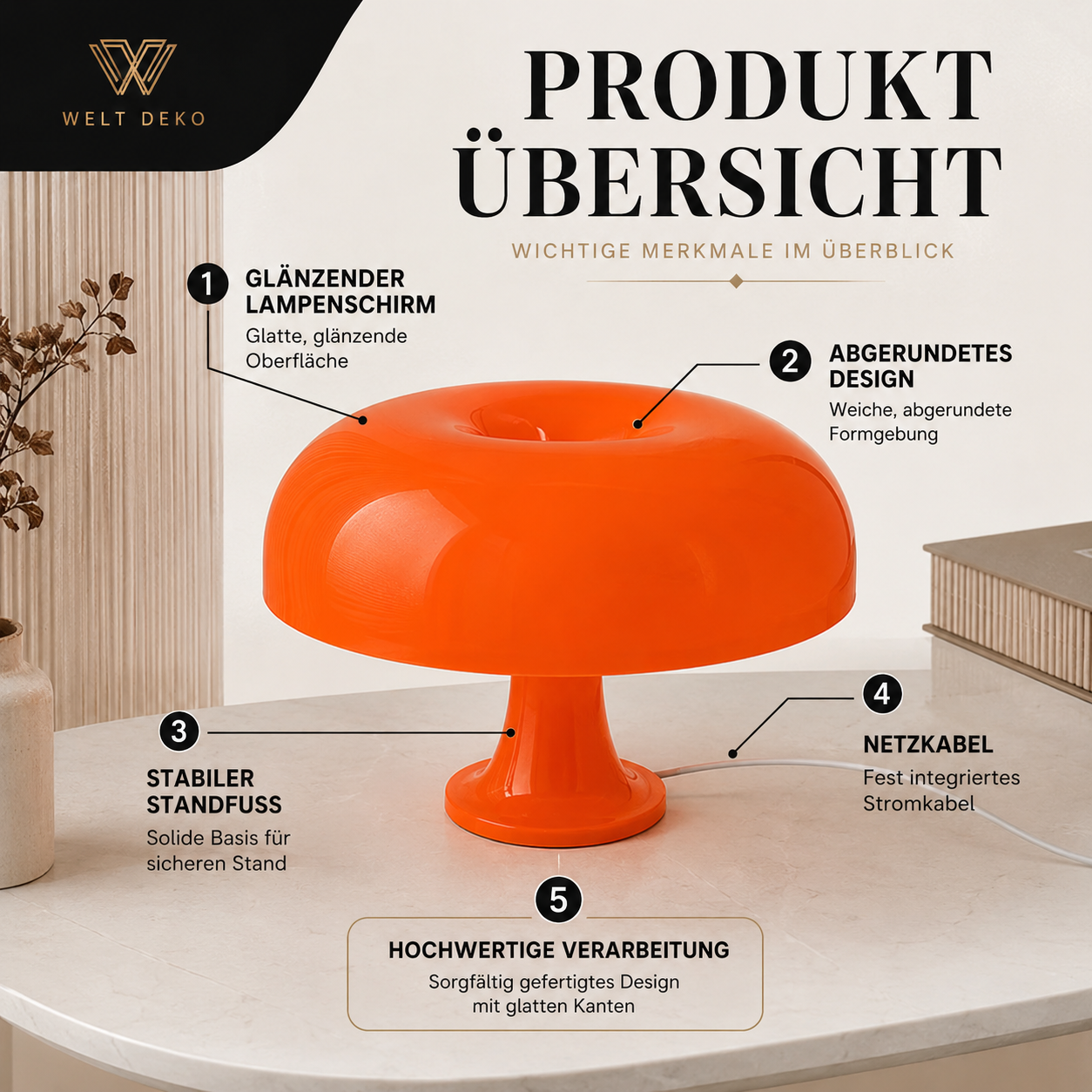 Moderne LED-Tischlampe mit elegantem Pilzdesign und hochwertiger Verarbeitung. Ideal als stilvolle Beleuchtung für Wohn- und Schlafräume.