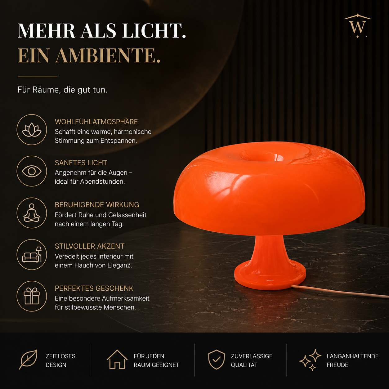 Elegante LED-Pilzlampe mit warmem Licht für eine gemütliche Atmosphäre. Perfekt für Wohn-, Schlaf- oder Arbeitszimmer.