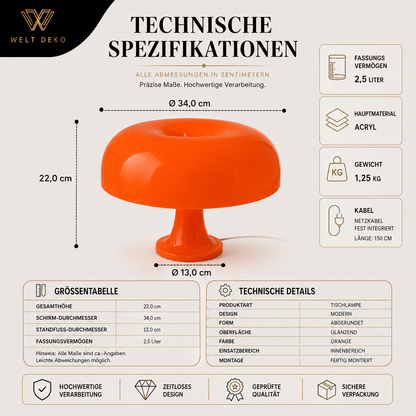 Moderne LED-Pilzlampe mit kompakten Maßen und hochwertiger Verarbeitung. Perfekt für stilvolle Beleuchtung in jedem Wohnraum.