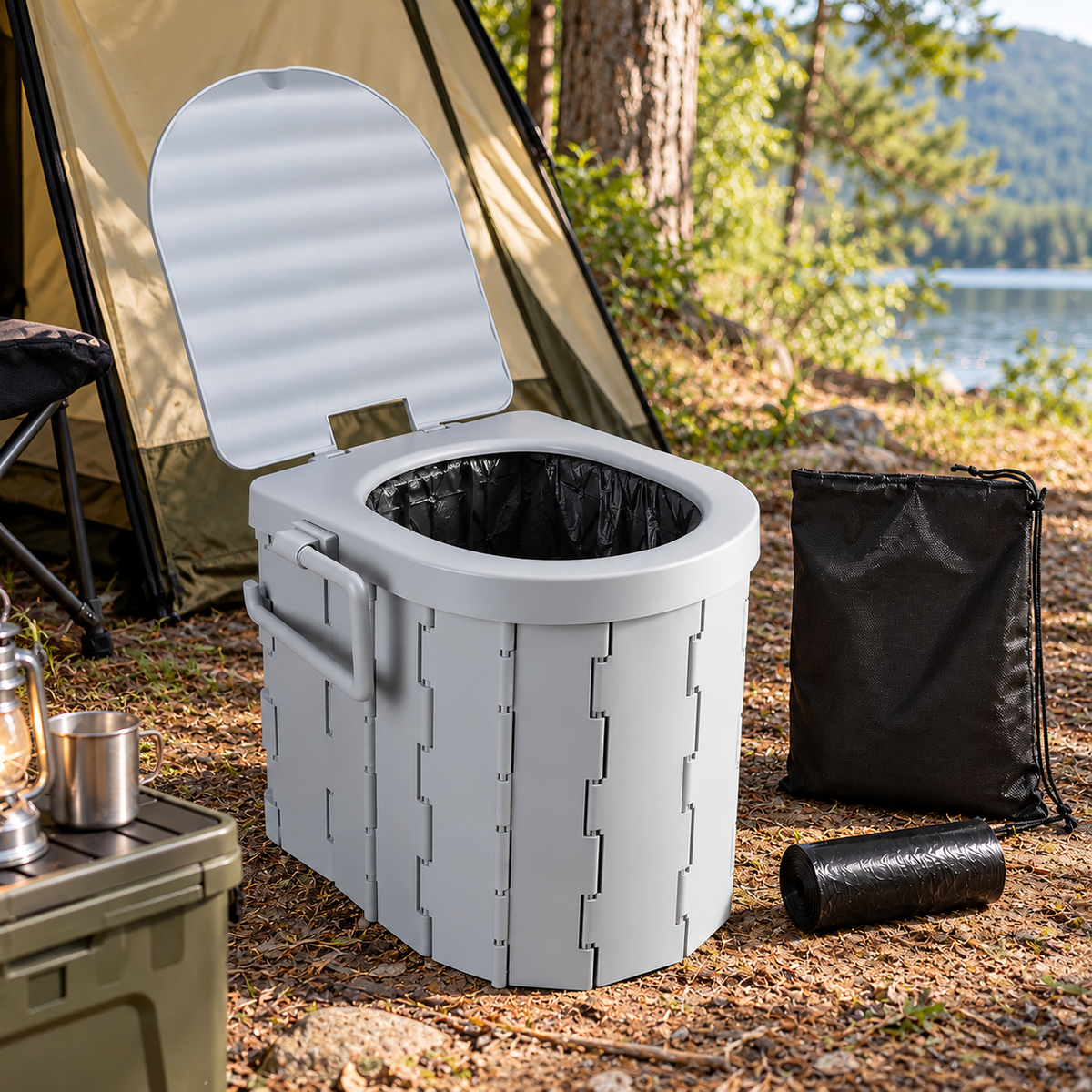 Tragbare faltbare Campingtoilette mit Deckel & Aufbewahrungstasche