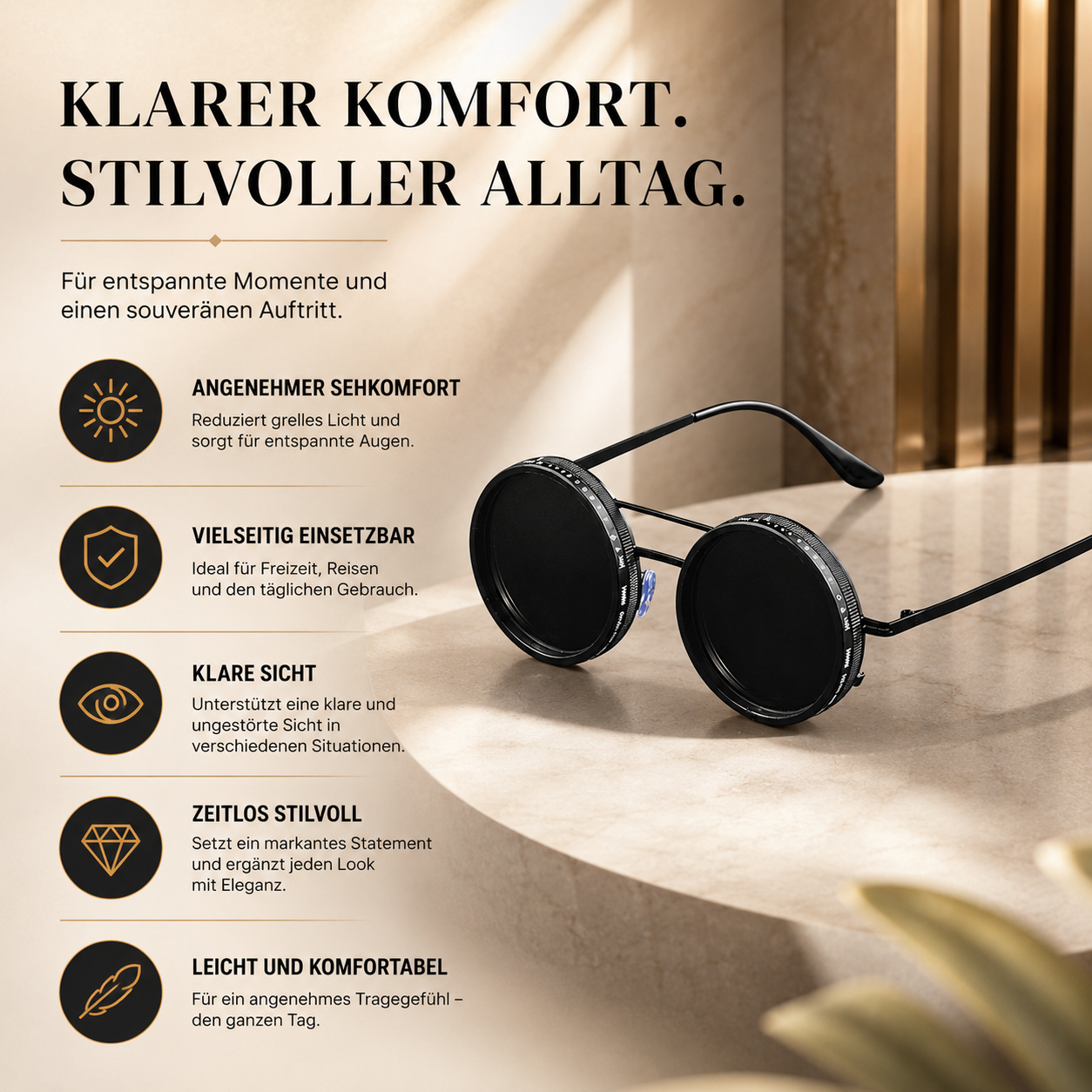 Runde Sonnenbrille mit leichtem Gestell und UV-Schutz für angenehmen Tragekomfort