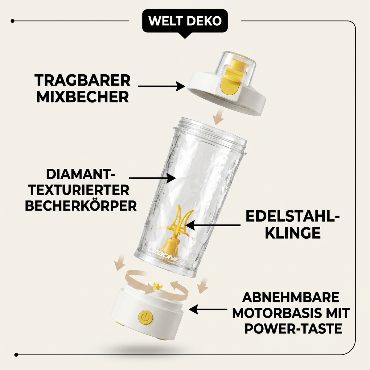 Hand hält den elektrischen Protein Shaker mit Darstellung der Mixfunktion und USB-Aufladung