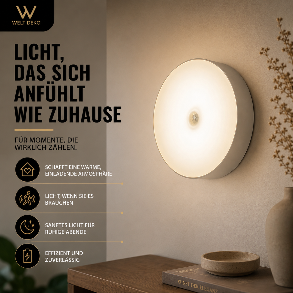 Modernes LED-Nachtlicht mit Bewegungsmelder für warmes, automatisches Licht. Perfekt für Flur, Schlafzimmer und Treppen – stilvoll, energieeffizient und jederzeit einsatzbereit.