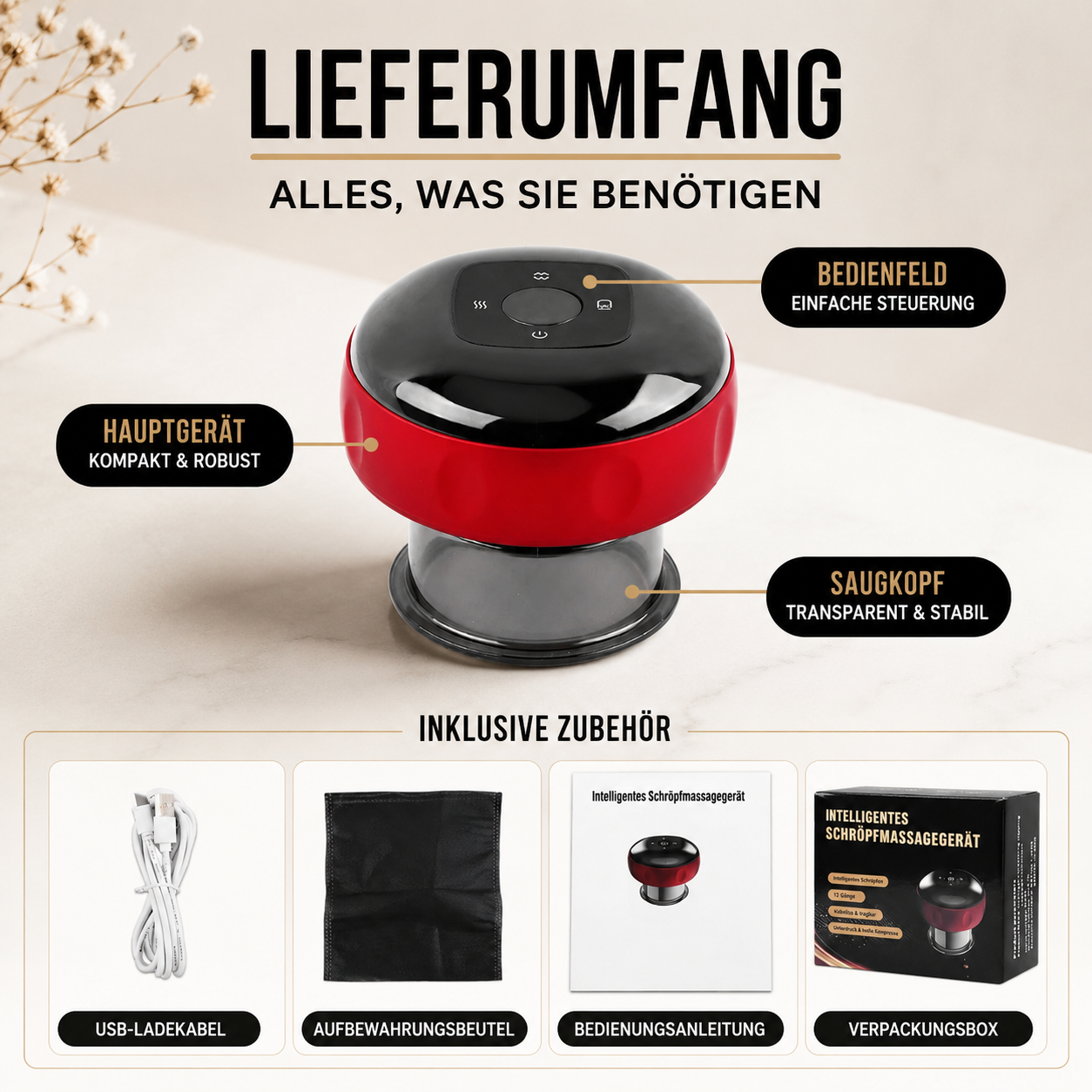Lieferumfang des elektrischen Schröpfmassagegeräts mit Aufsätzen, USB-Ladekabel und Zubehör