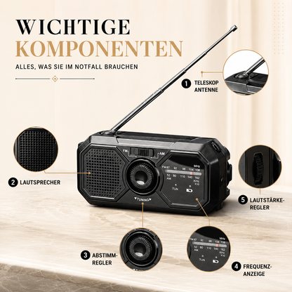 Einzelne Komponenten und Zubehör des tragbaren Retro-Radios im Überblick.