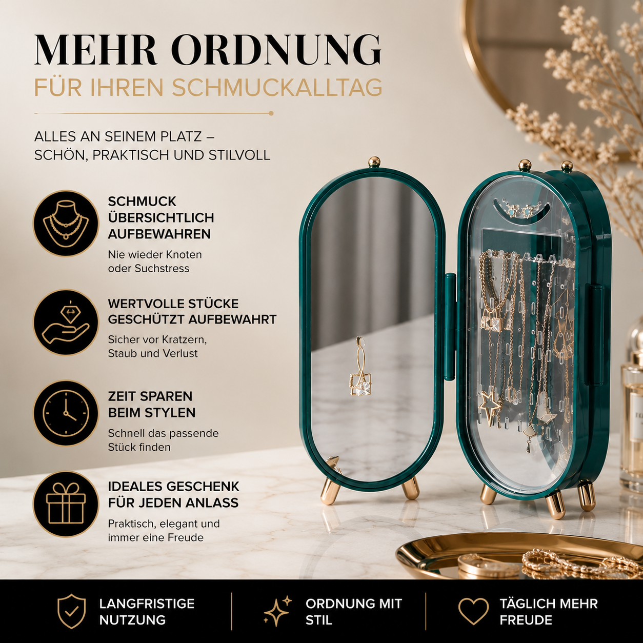 Bewahren Sie Ihren Schmuck sicher, übersichtlich und stilvoll auf. Der Schmuckorganizer schützt Ihre Lieblingsstücke vor Staub und Verheddern, spart Zeit im Alltag und überzeugt mit elegantem Design – ideal auch als Geschenk.