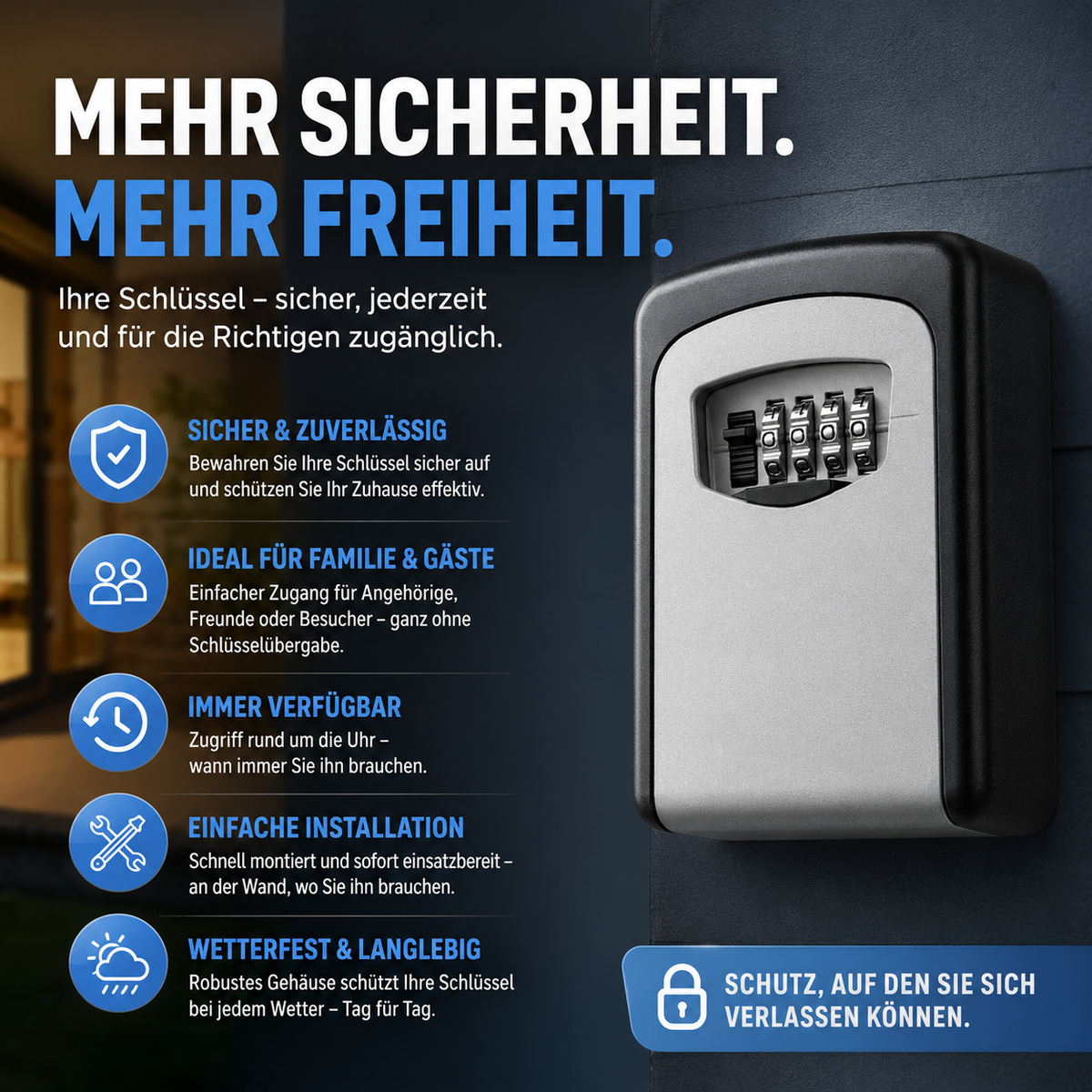 Übersicht der Vorteile des Schlüsselsafes wie hohe Sicherheit, wetterfestes Design und praktische Schlüsselaufbewahrung.