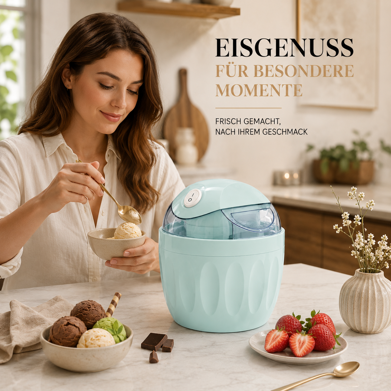 Person genießt frisch zubereitete Eiscreme neben der 2-in-1 Mini Eiscreme-Maschine in einer stilvollen Küche.