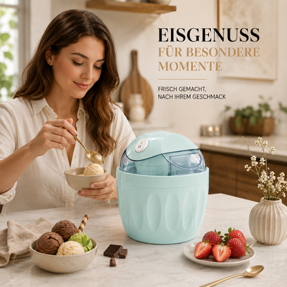 Person genießt frisch zubereitete Eiscreme neben der 2-in-1 Mini Eiscreme-Maschine in einer stilvollen Küche.