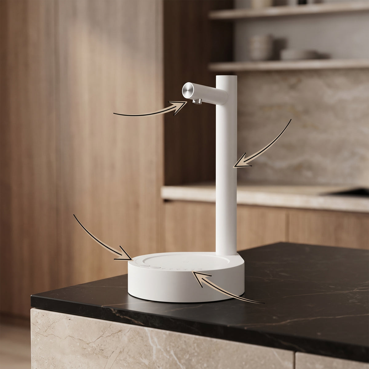 Automatic soap dispenser with a sleek minimalist design placed on a kitchen countertop beside a sink.