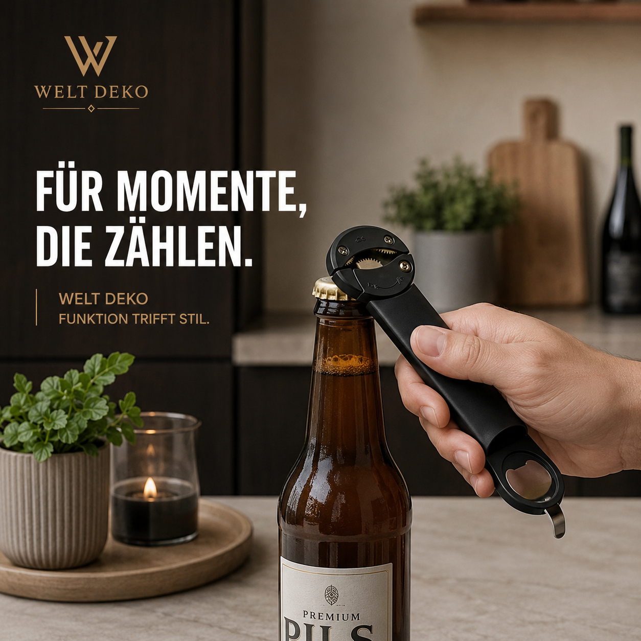 Ergonomischer Multifunktions-Dosenöffner im praktischen Einsatz beim Öffnen einer Flasche. Modernes schwarzes Design mit integriertem Flaschenöffner – ideal für Küche, Haushalt und den täglichen Gebrauch.