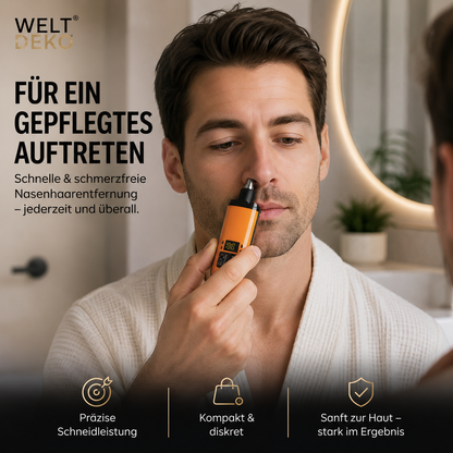Ein Mann verwendet den kompakten elektrischen Nasenhaartrimmer vor dem Spiegel. Das handliche Design sorgt für eine schnelle, präzise und komfortable Anwendung – jederzeit und überall.