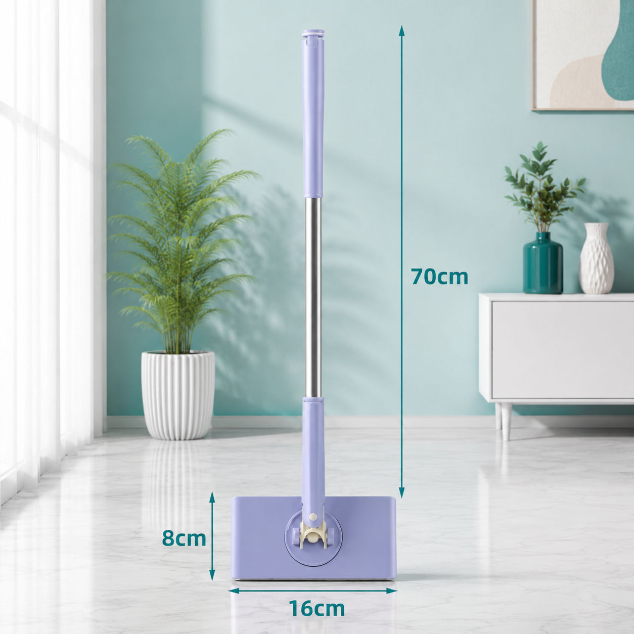 Mit einer Höhe von 70 cm bietet der Bodenwischer eine komfortable Handhabung. Die 16 cm breite Wischfläche und die flache Höhe von nur 8 cm ermöglichen eine gründliche Reinigung selbst unter Möbeln und in engen Bereichen.