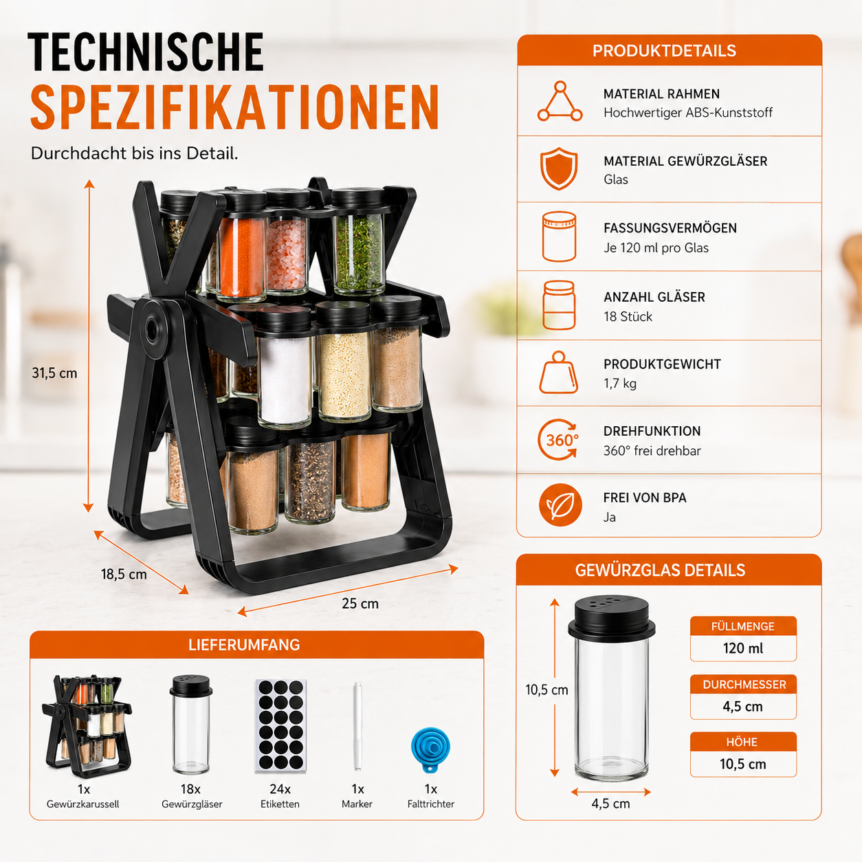Abmessungen und technische Details des drehbaren Gewürzregals mit Gewürzgläsern.