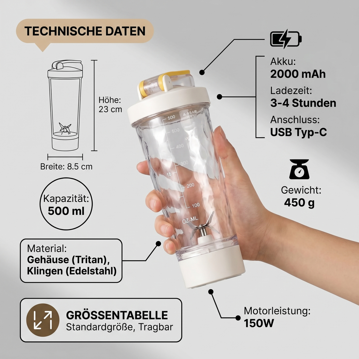 Elektrischer Protein Shaker mit verschiedenen Zutaten für cremige Smoothies und Shakes