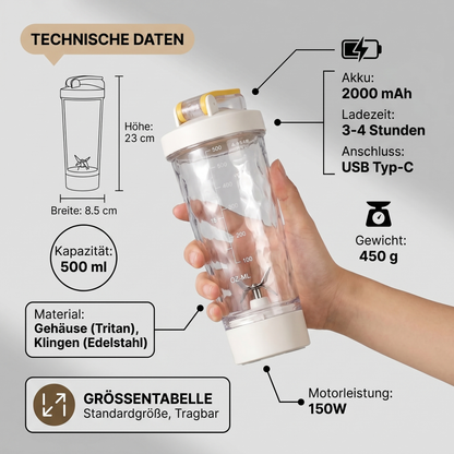 Elektrischer Protein Shaker mit verschiedenen Zutaten für cremige Smoothies und Shakes