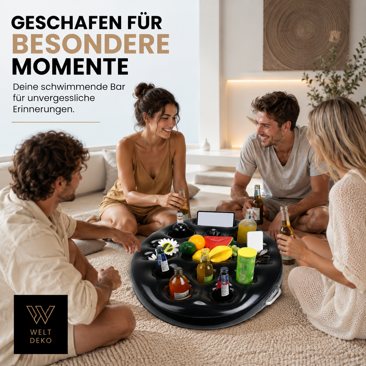 Family enjoying a swimming pool while using a floating drink holder for drinks and snacks