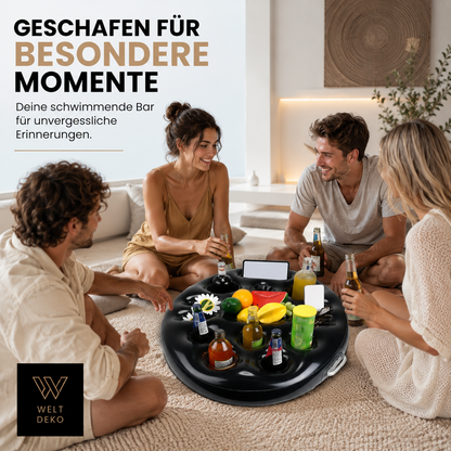 Family enjoying a swimming pool while using a floating drink holder for drinks and snacks