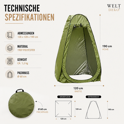 Technische Spezifikationen des Pop-up Outdoor Dusch-, Umkleide- und Toilettenzelts mit Maßen, Packmaß und Produktdetails.