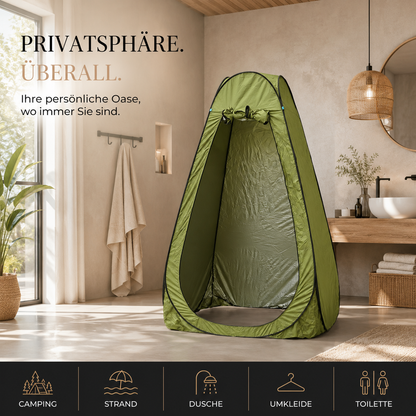 Pop-up Outdoor Sichtschutzzelt als Dusch- und Umkleidekabine in einer modernen, stilvollen Umgebung für mehr Privatsphäre.