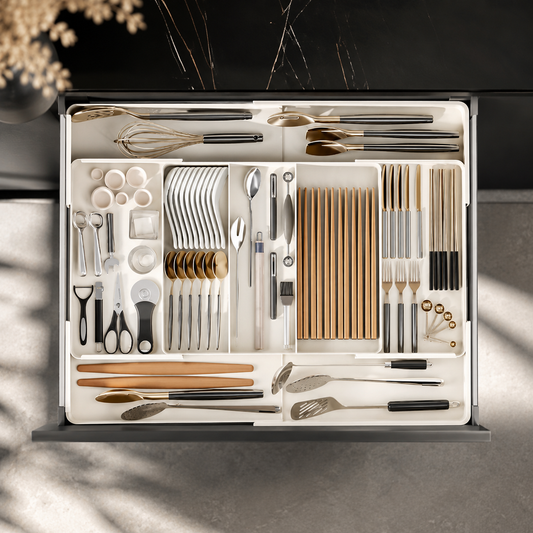 Ein moderner Besteck-Organizer mit übersichtlichen Fächern für Besteck, Essstäbchen und Küchenutensilien. Sorgt für Ordnung, schnellen Zugriff und eine stilvolle, aufgeräumte Küche.
