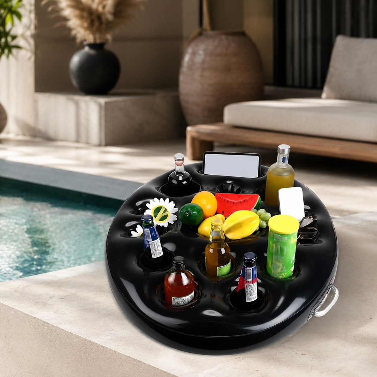 Black inflatable floating drink holder carrying beverages and snacks in a swimming pool