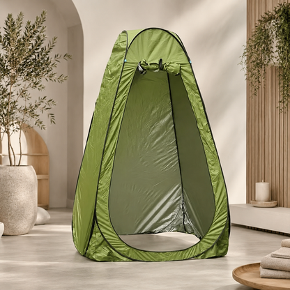 Premium Pop-up Outdoor Dusch- und Umkleidezelt in hochwertiger Produktpräsentation mit modernem, minimalistischem Hintergrund.