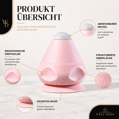 Die wichtigsten Merkmale der Silikon-Nachtlampe übersichtlich dargestellt – mit ergonomischer Griffmulde, abnehmbarem Deckel, strukturierter Oberfläche und rutschfester Saugfuß-Basis für sicheren Halt und eine komfortable Nutzung.