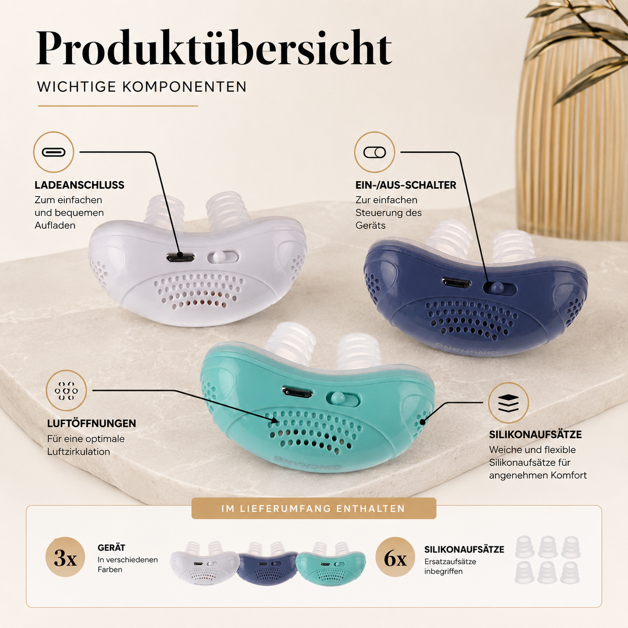 Dieses Bild zeigt die wichtigsten Komponenten des elektrischen Nasenreinigers in einer übersichtlichen Infografik. Die drei Farbvarianten – Weiß, Dunkelblau und Mintgrün – werden mit ihren zentralen Bedienelementen und Funktionen präsentiert. Markierungen weisen auf den USB-Ladeanschluss, den Ein-/Aus-Schalter, die Luftöffnungen sowie die weichen Silikonaufsätze hin.