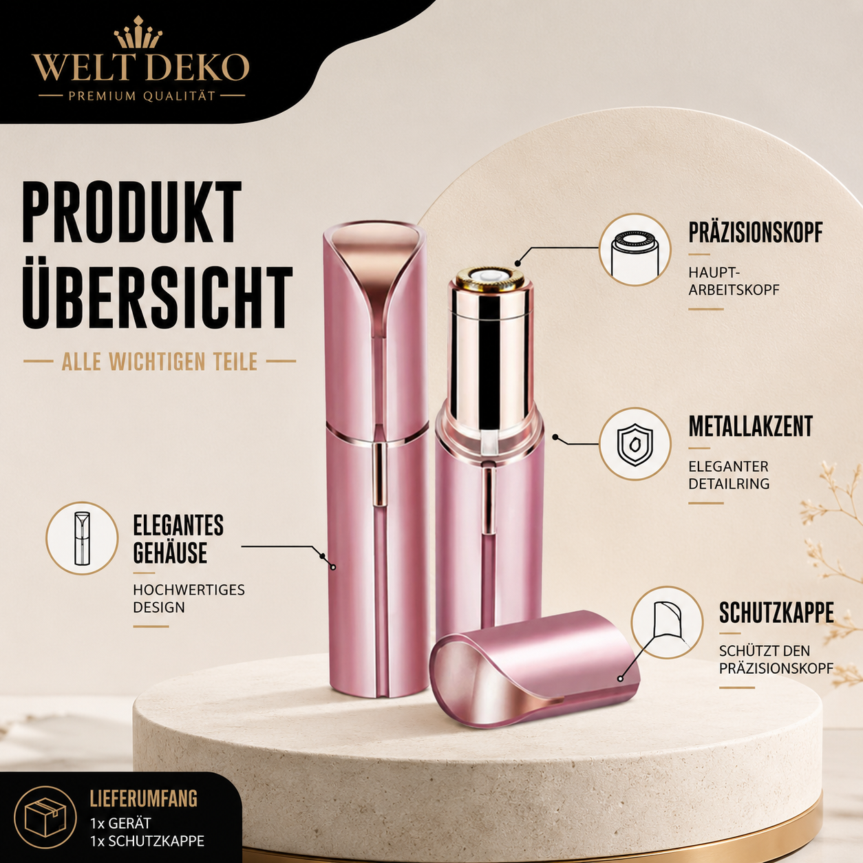 Infografik mit einer Übersicht der wichtigsten Produktkomponenten des elektrischen Gesichtshaarentferners. Hervorgehoben werden der Präzisionskopf, das elegante Gehäuse, die Schutzkappe und hochwertige Metalldetails für eine stilvolle und einfache Anwendung.