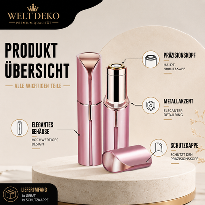 Infografik mit einer Übersicht der wichtigsten Produktkomponenten des elektrischen Gesichtshaarentferners. Hervorgehoben werden der Präzisionskopf, das elegante Gehäuse, die Schutzkappe und hochwertige Metalldetails für eine stilvolle und einfache Anwendung.