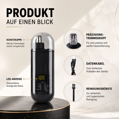 Übersicht des elektrischen Nasenhaartrimmers mit seinen wichtigsten Komponenten, darunter Schutzkappe, Präzisions-Trimmerkopf, LED-Anzeige, Ladekabel und Reinigungsbürste. Kompakt, funktional und einfach zu bedienen.