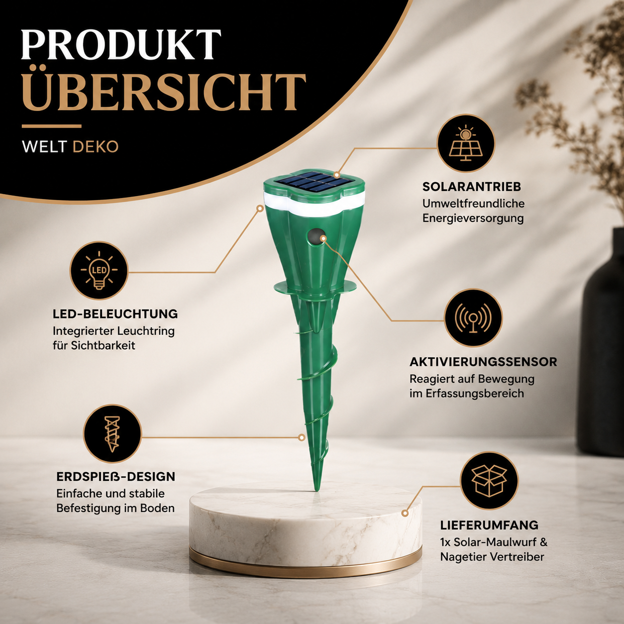 Übersicht der wichtigsten Funktionen des Solar-Maulwurfvertreibers für den Garten.